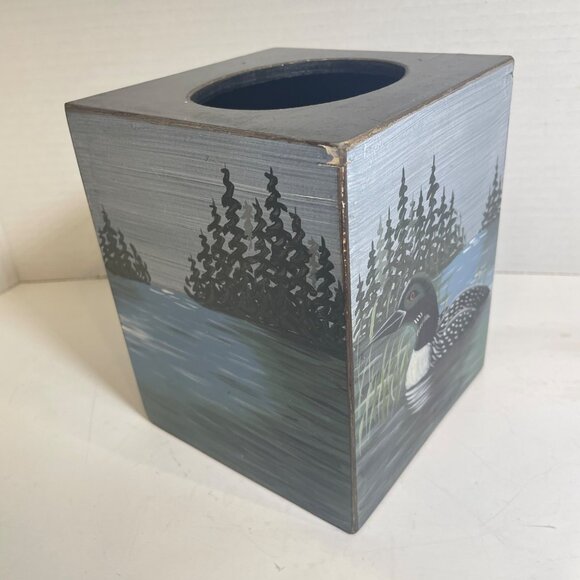 Hand-Painted Wooden Tissue Box Cover With Loon & Lake Scene - Picture 3 of 11